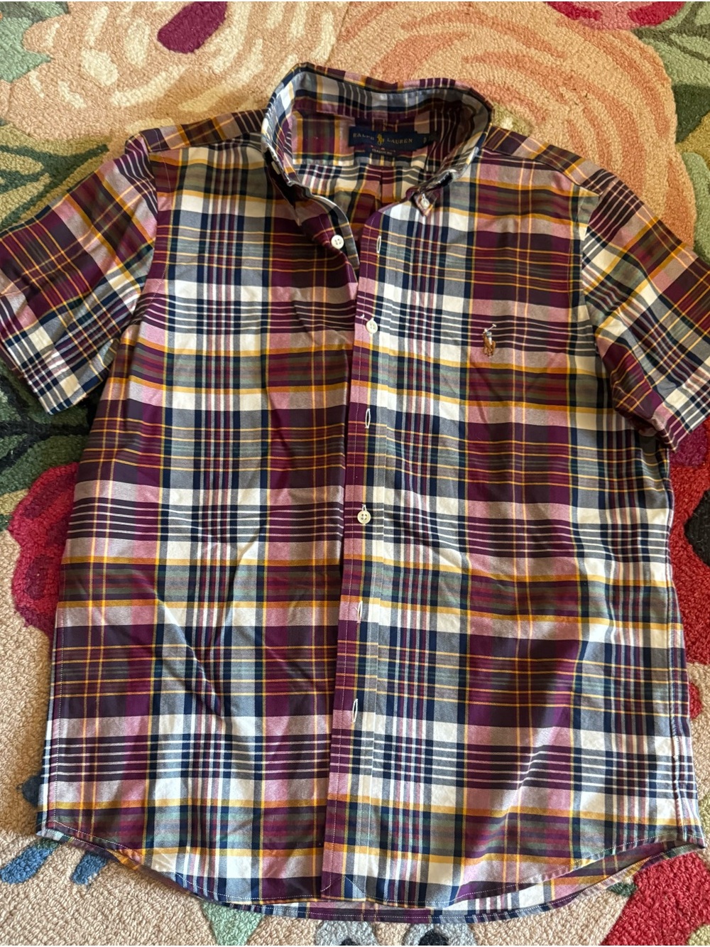 Ralph Lauren Short-Sleeve Plaid Button-Down in Burgundy, Navy & Yellow